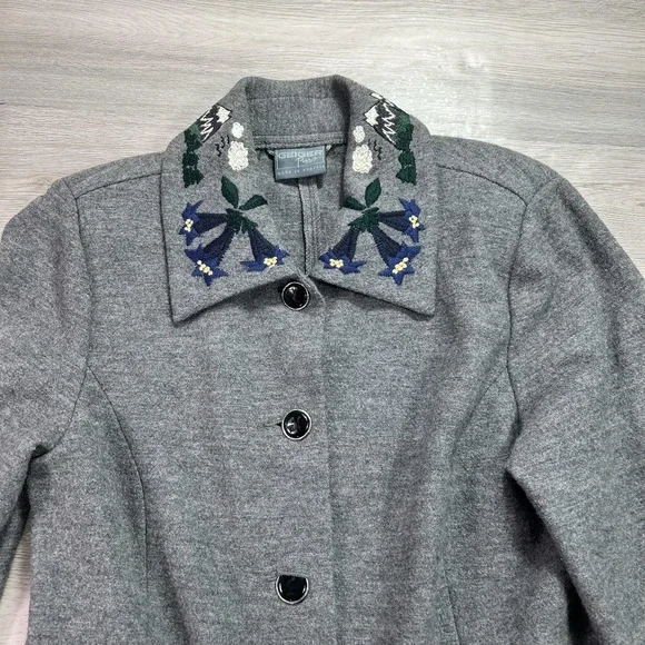 VINTAGE Geiger Skirt Suit Womens 38 Gray Wool Embroidered Floral 2 Piece Austria - Picture 4 of 16